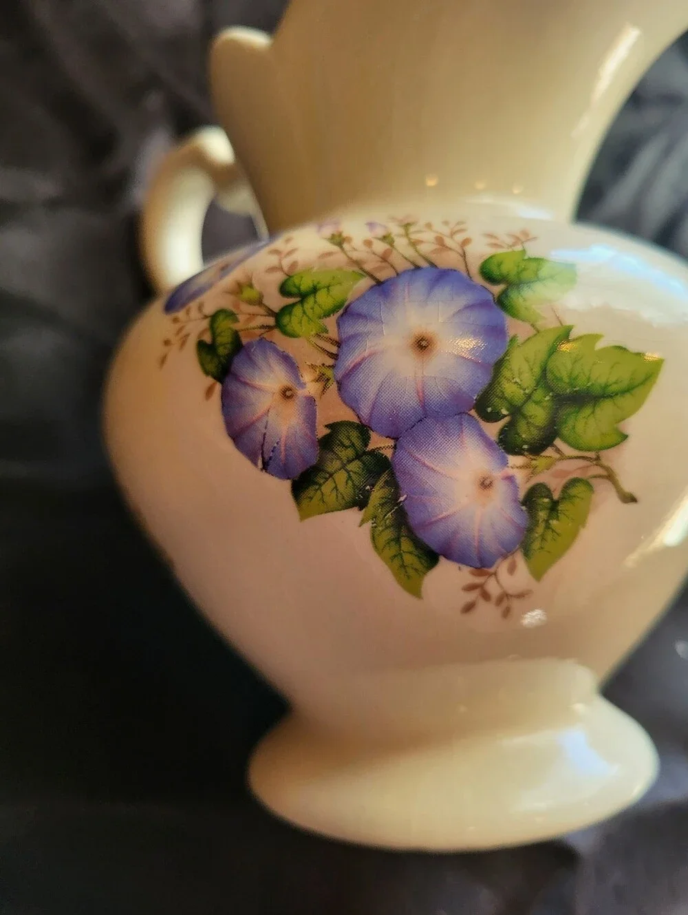 White Ceramic Floral 5.5 x 6 In Pitcher with Blue / Purple Morning Glory Design